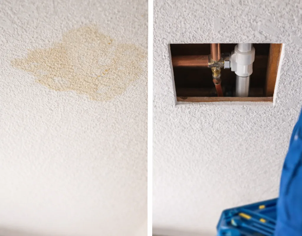 Before and after view showing a ceiling water stain and a neat targeted access opening around the confirmed source