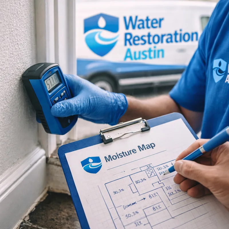 Technician recording moisture meter readings taken at several points along drywall and baseboard