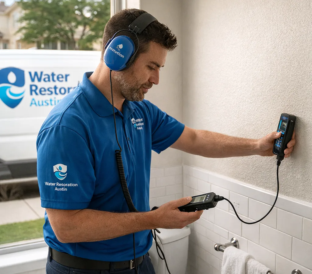 Technician using an acoustic sensor and moisture meter to locate a hidden bathroom wall leak in an Austin home