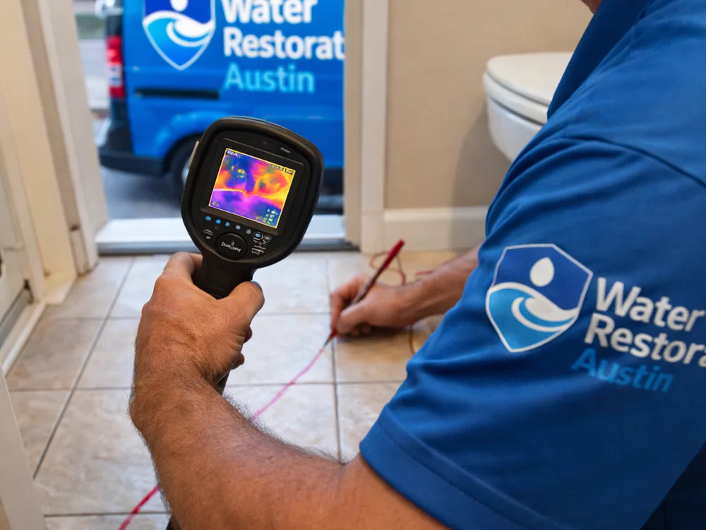 Thermal imaging camera showing a bathroom floor temperature anomaly as a technician marks the suspected leak path