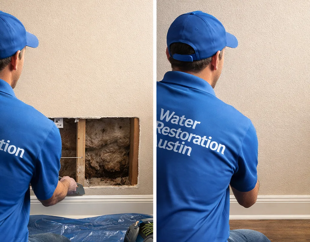 Before and after view of water-damaged drywall selectively removed, repaired, and painted to match