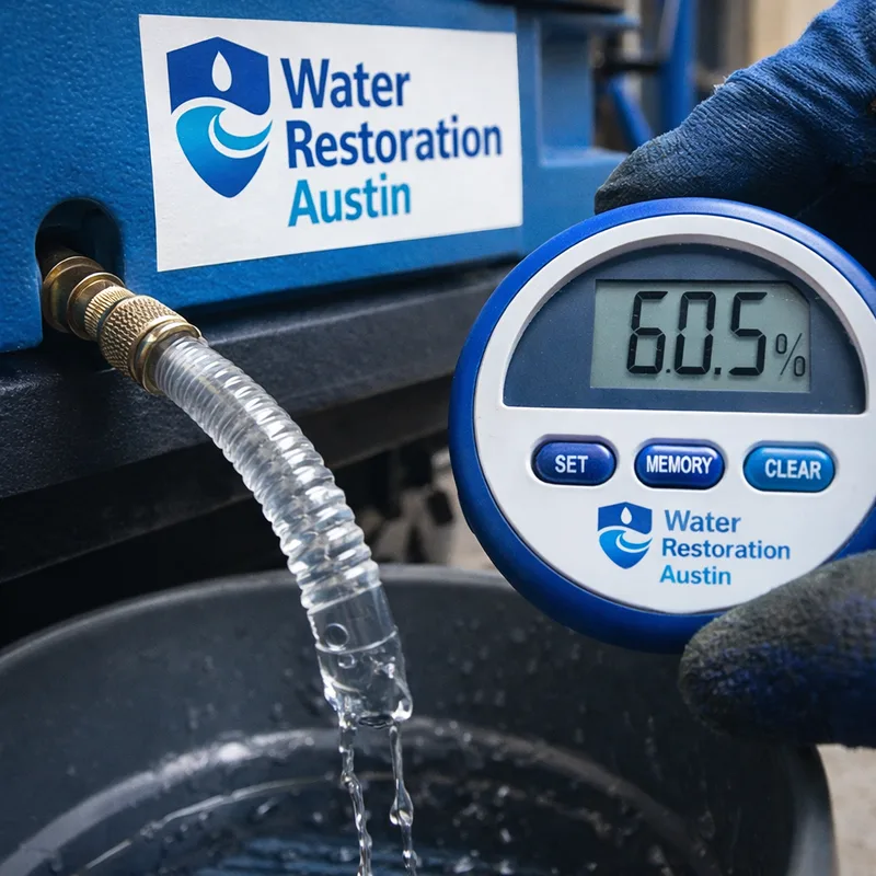 Dehumidifier drainage setup and hygrometer reading during structural drying