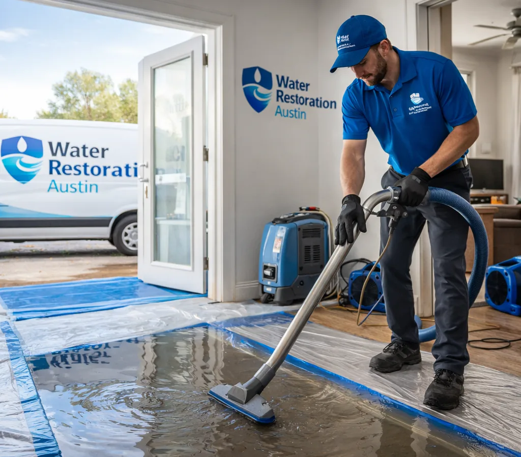 Restoration technician extracting standing water in an Austin home with professional extraction and drying equipment