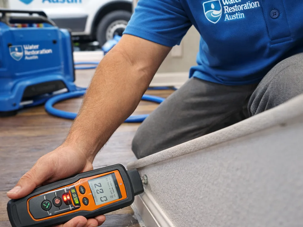 Moisture meter reading on drywall and baseboard with drying equipment staged safely in the hallway