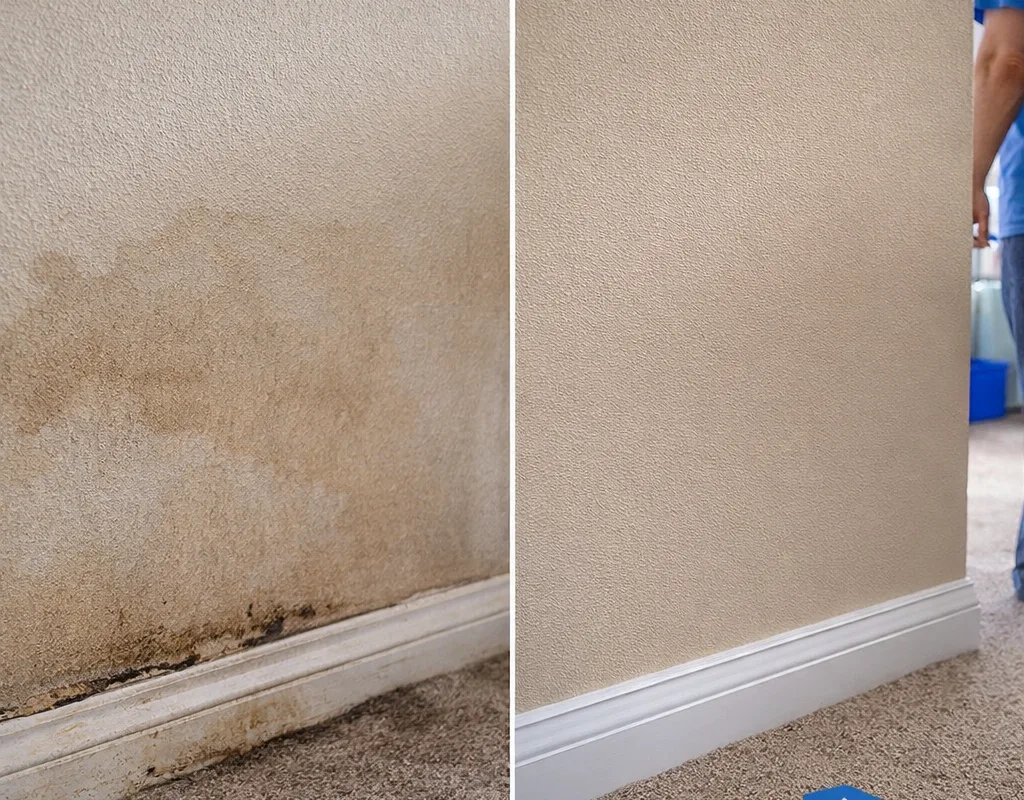 Before and after living room wall showing water-stained drywall and swollen baseboard restored with matched texture, paint, and new trim