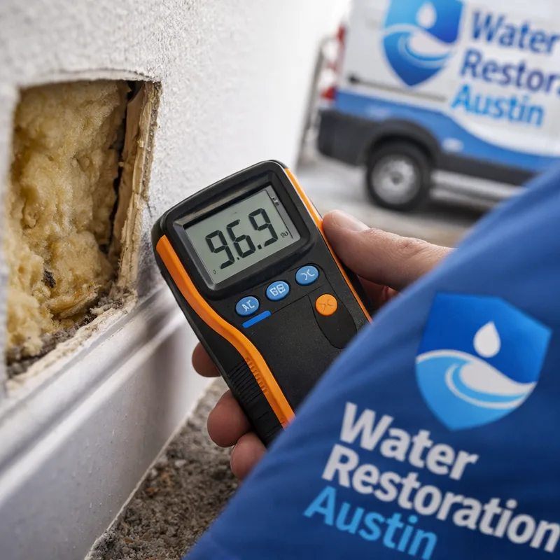 Moisture meter reading on drywall beside baseboard trim with a targeted opening revealing damp insulation