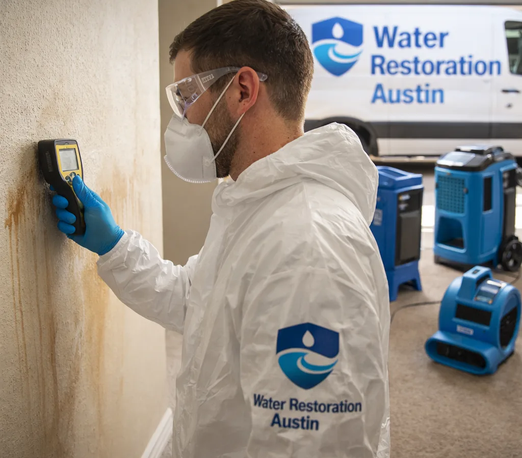 Technician in protective gear checking a water-stained Austin home wall with a moisture meter while drying equipment runs nearby