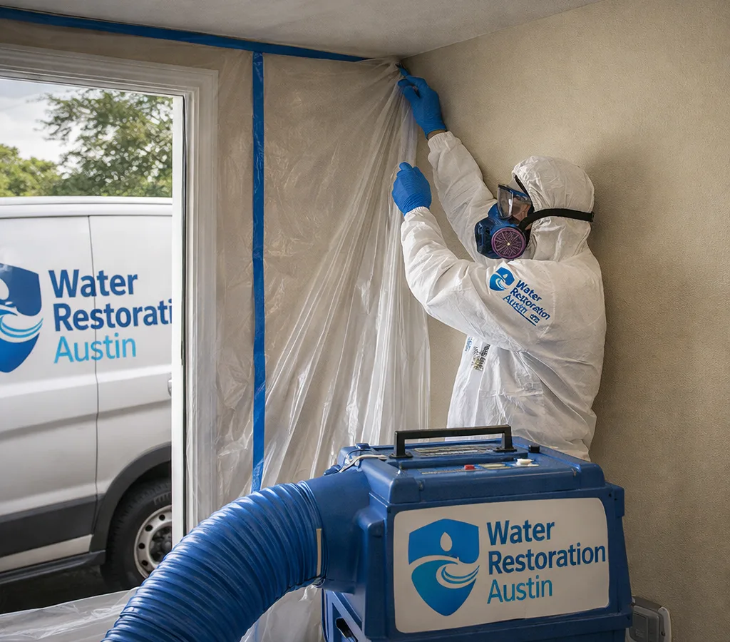 Certified mold remediation technician setting up plastic containment and a negative air machine in a residential room