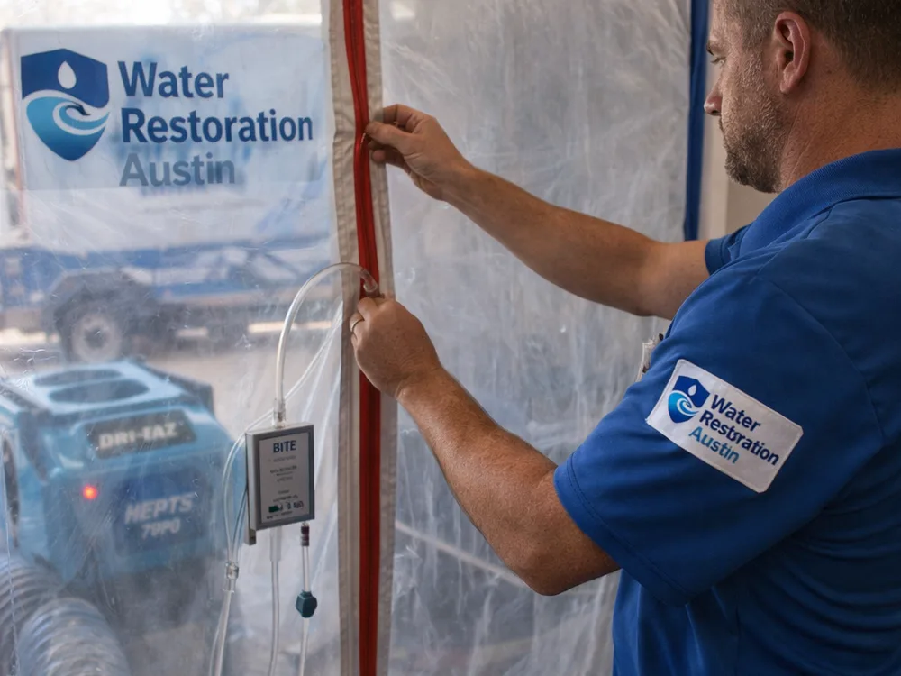 Plastic containment wall with zipper door, running HEPA air scrubber, and manometer tubing indicating negative pressure