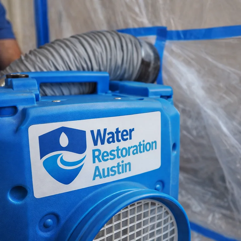 HEPA air scrubber operating inside a contained room with plastic barriers sealed at the seams