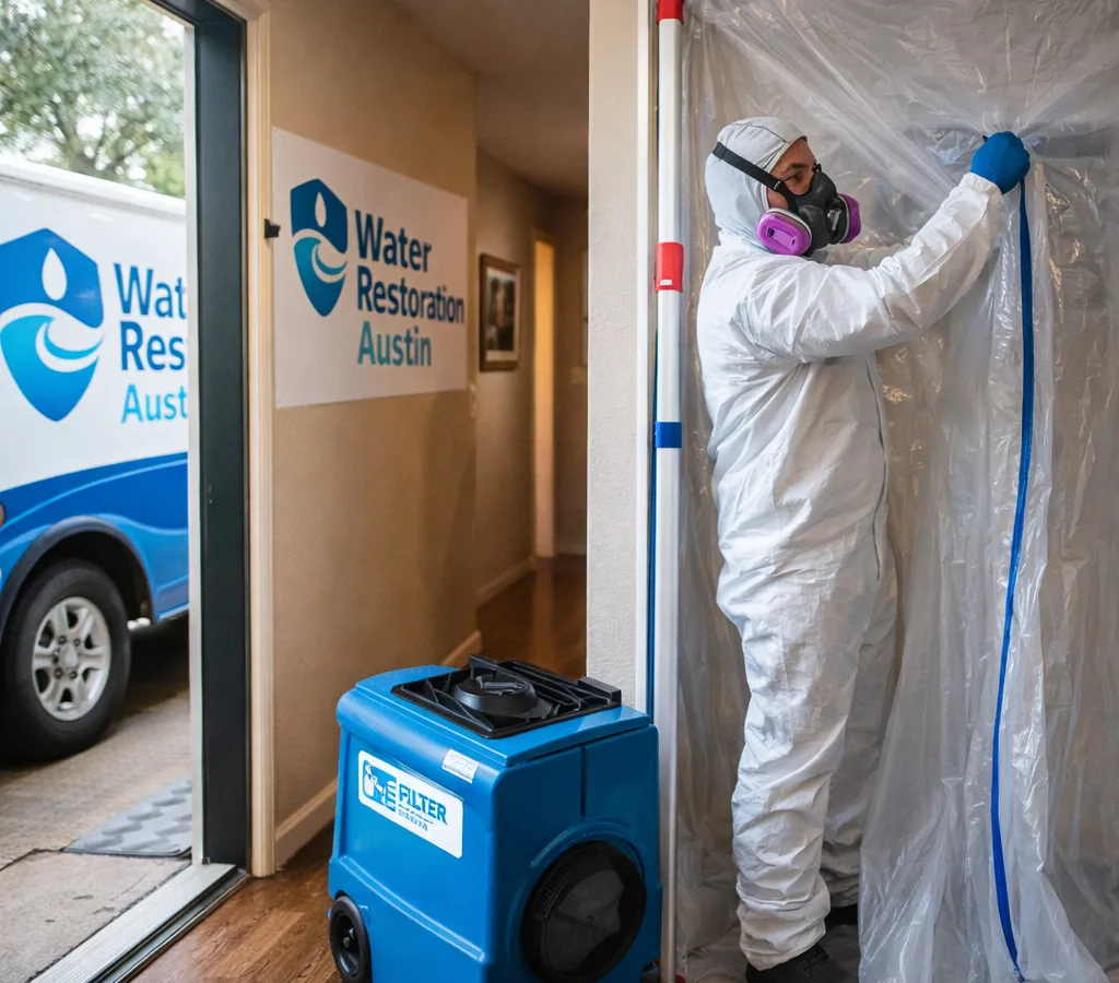 Technician in protective equipment setting up containment plastic and a HEPA air scrubber in a residential hallway