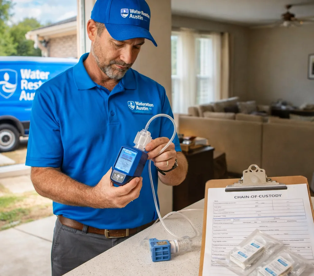 Certified inspector collecting an air sample with a calibrated pump in an Austin home, with sample cassettes and a chain-of-custody form visible