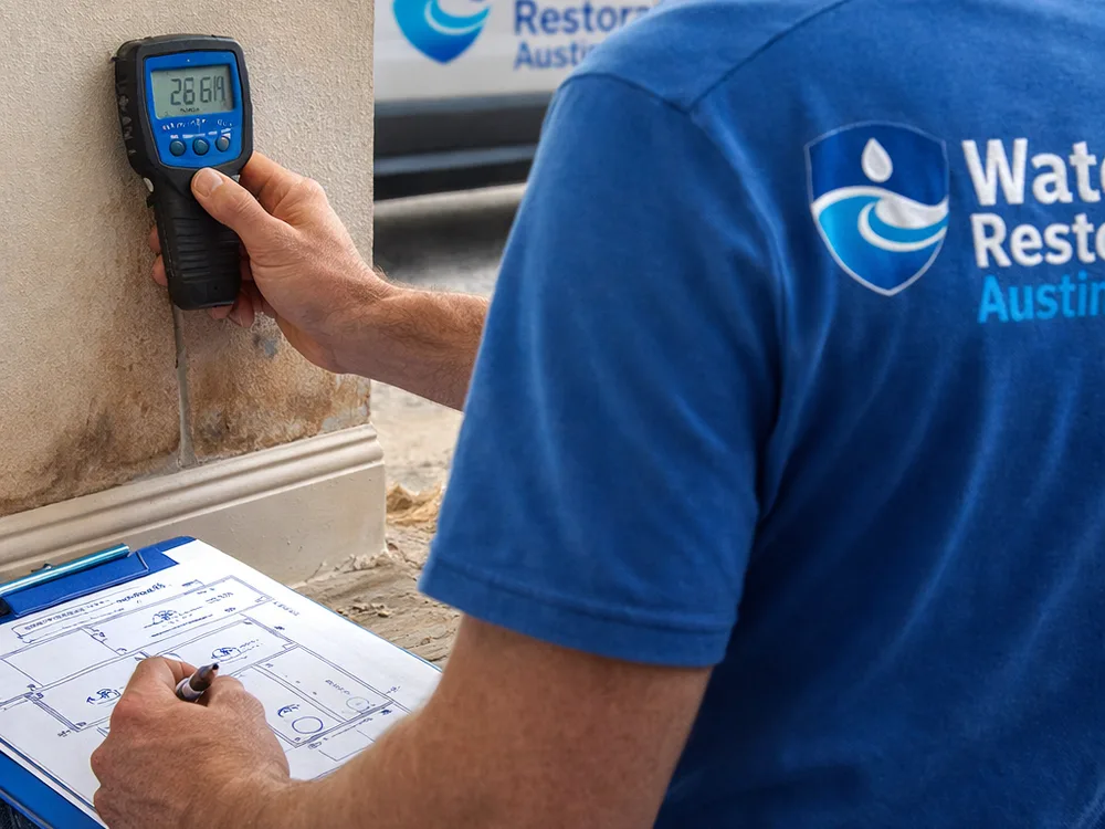 Moisture meter reading on stained drywall near a baseboard while an inspector records locations on a floor plan