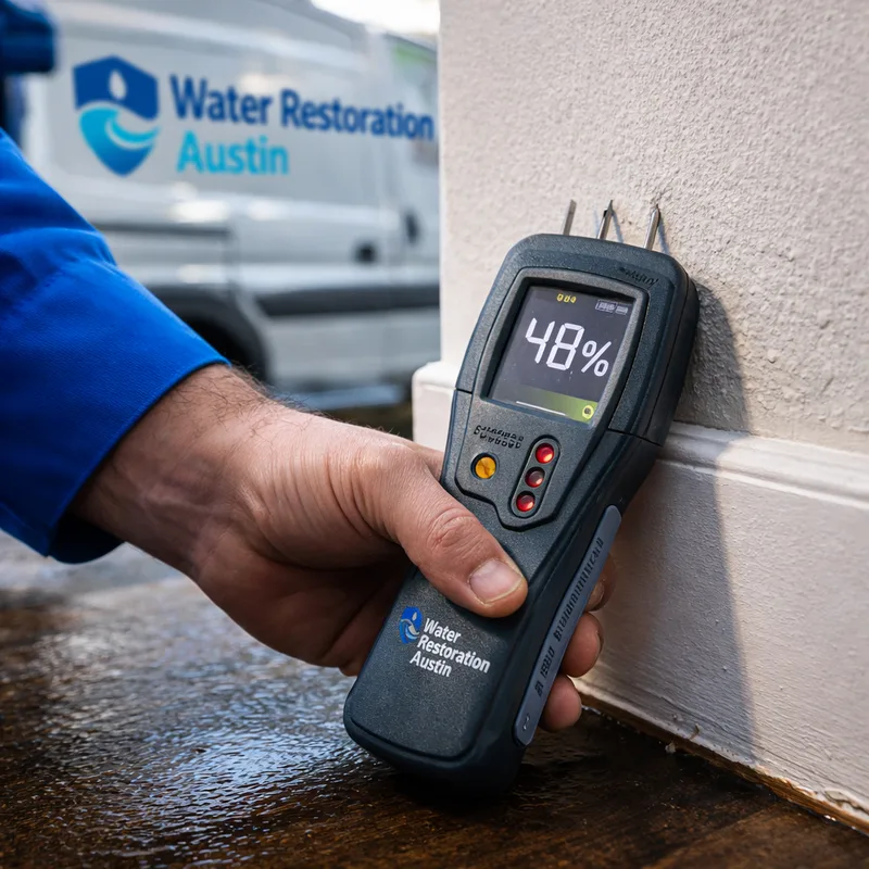 Moisture meter being used on baseboard and lower drywall next to wet flooring after water extraction
