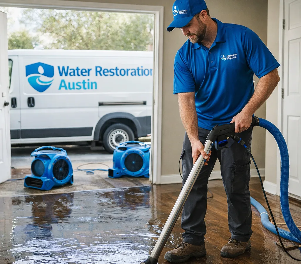 Technician using a portable extractor wand to remove standing water from a residential floor in Austin, with air movers staged in the background