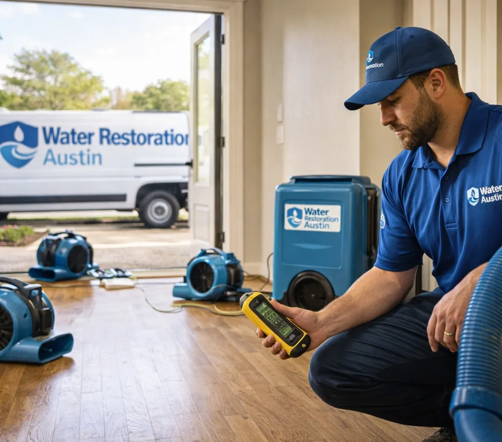 Technician placing air movers and a dehumidifier in an Austin home while checking moisture levels