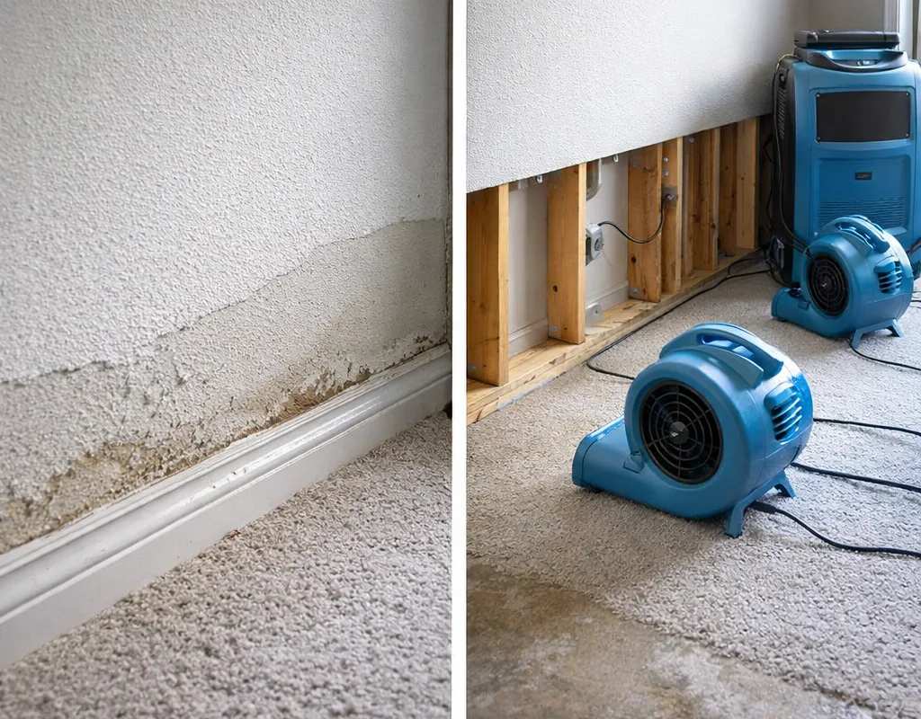 Before and after view of a water-damaged room followed by selective removal and professional drying equipment setup