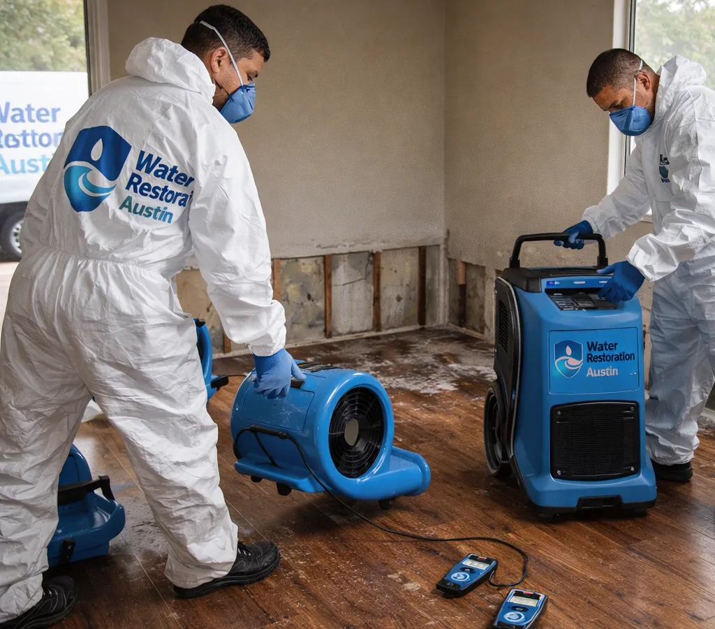 Technicians in protective gear setting up air movers and a dehumidifier in an Austin home after a water leak
