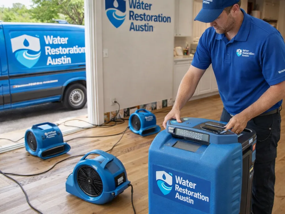 Dehumidifiers and air movers safely positioned along walls and flooring in an open-plan living area