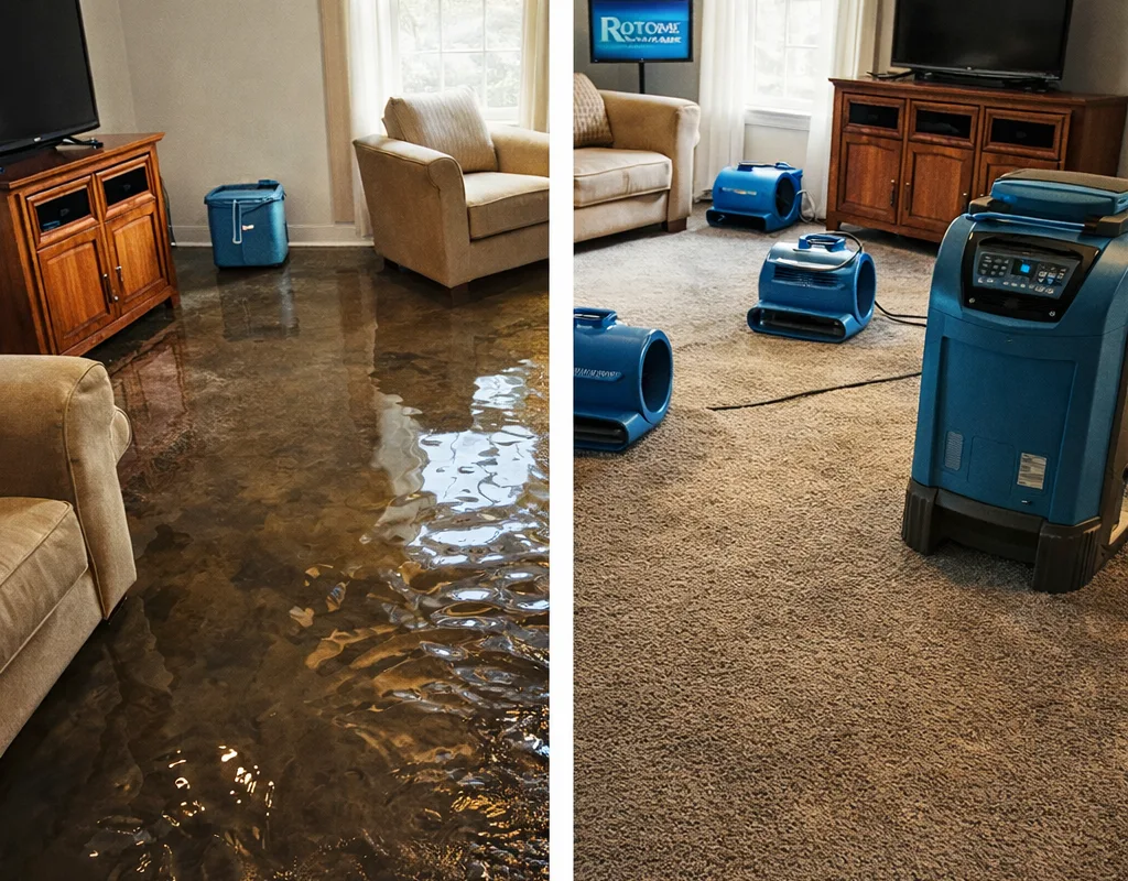 Before and after view of a room with standing water, then after extraction with air movers and a dehumidifier