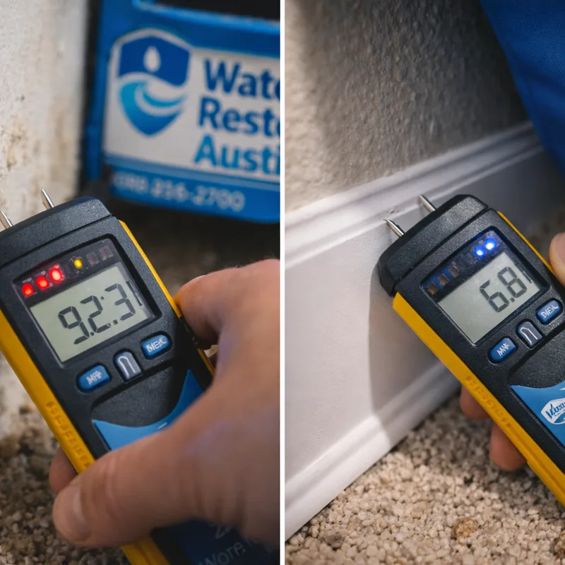 Close-up comparison of moisture meter readings on drywall and a baseboard for documentation