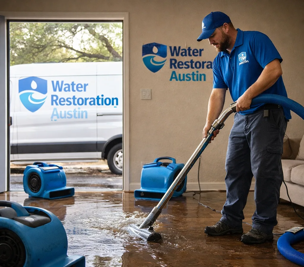 Technician using a truck-mounted extraction hose to remove standing water from a flooded Austin home with air movers staged nearby