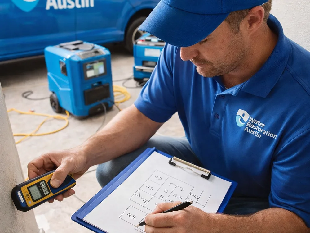 Moisture technician taking meter readings along a baseboard and marking a moisture map while dehumidifiers run