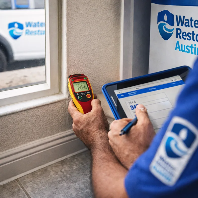 Technician recording moisture meter readings from drywall and baseboard near a kitchen or laundry area