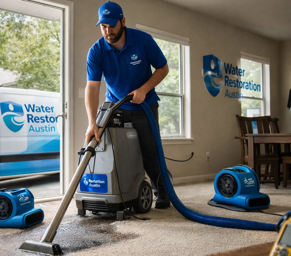 Technician performing water extraction with a commercial extractor in an Austin home with air movers and moisture meters staged nearby