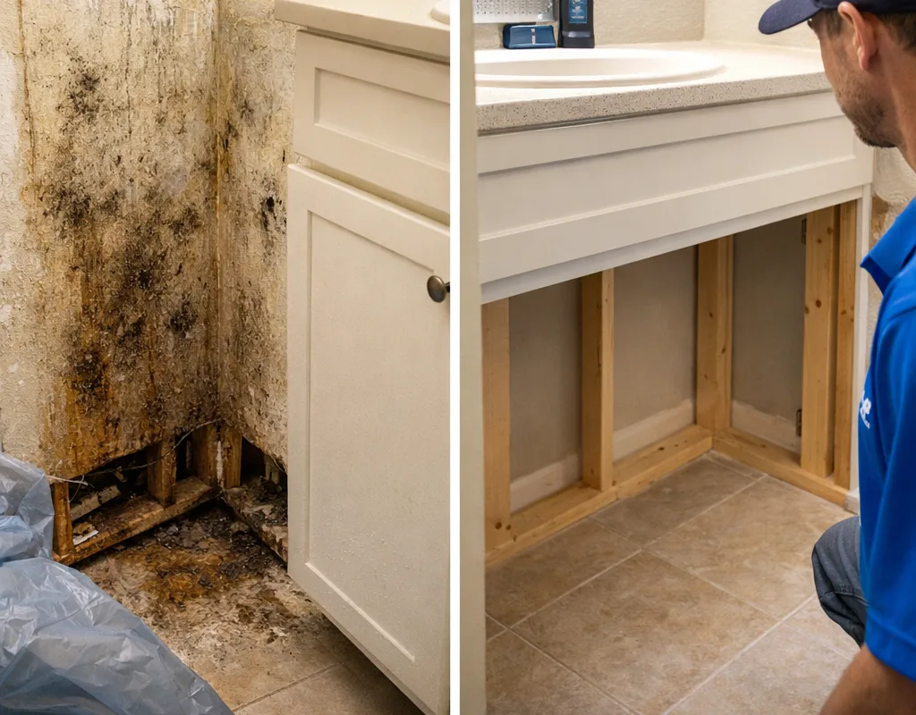 Before and after of a water-damaged bathroom vanity area after selective removal and drying