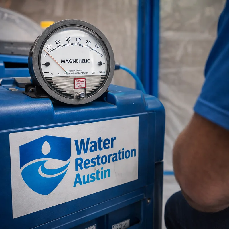 HEPA air scrubber and negative pressure indicator operating inside mold containment