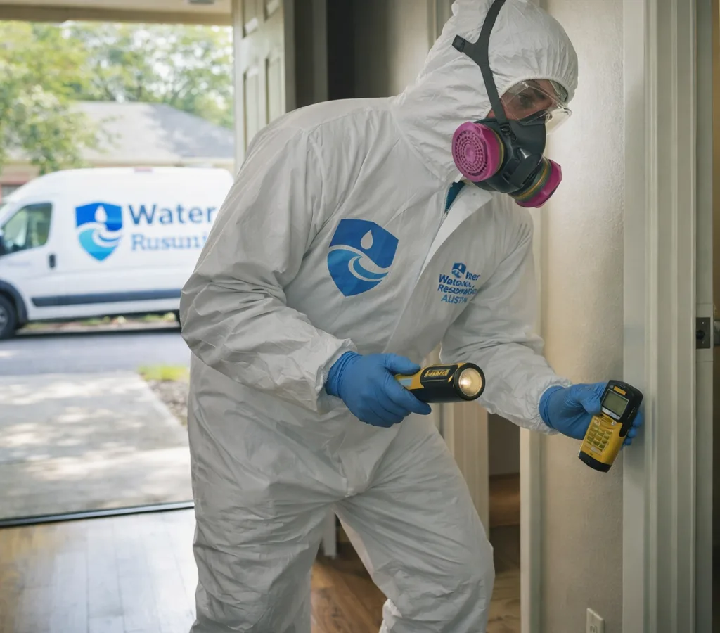 Mold specialist in protective gear inspecting an Austin home hallway and bathroom with a moisture meter and flashlight