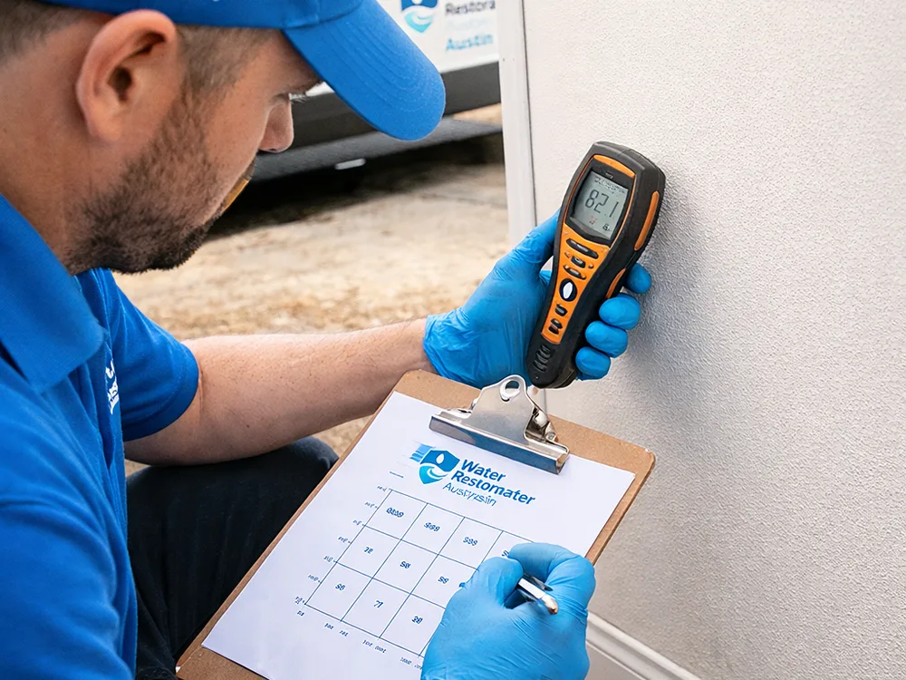 Technician taking moisture readings near a baseboard and documenting the moisture map on a clipboard