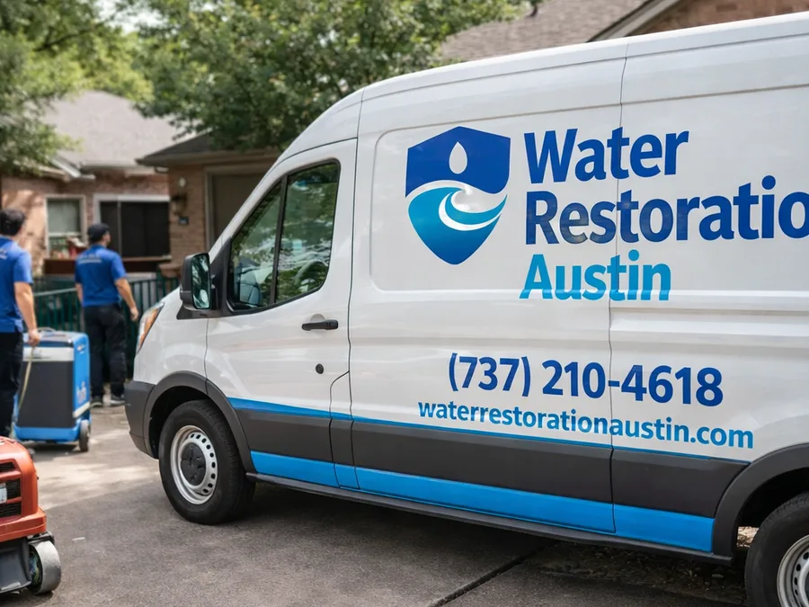 Restoration crew unloading extraction equipment and dehumidifiers at an Austin home