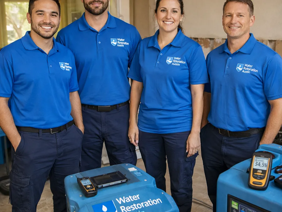 Water Restoration Austin team with drying equipment and moisture meters in a staged work area